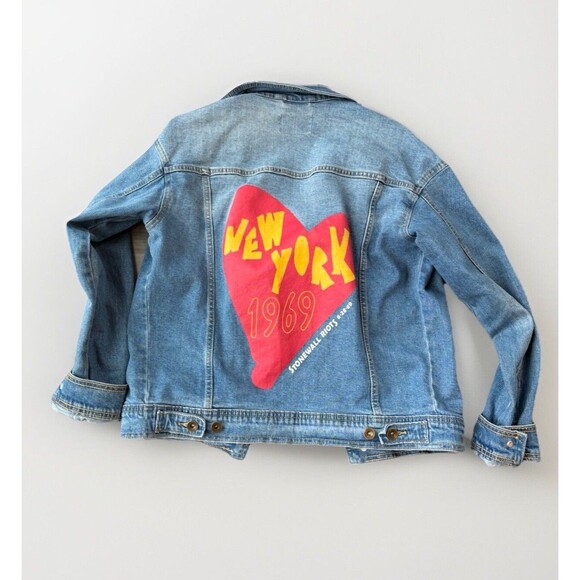 New York Denim Oversized Jean Jacket Size XS Patches Stonewall Riots - Picture 1 of 5